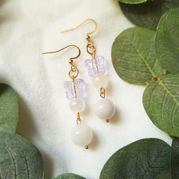 Fairycore Butterfly Glass & White Chalcedony Drop Earrings – 24k Gold Plated - Picture 1 of 9